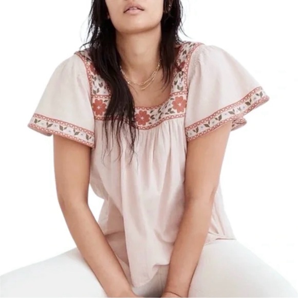 Madewell Tops - Madewell Boho Embroidered Peasant Top Avalon Pink Medium Floral Blouse Cotton
